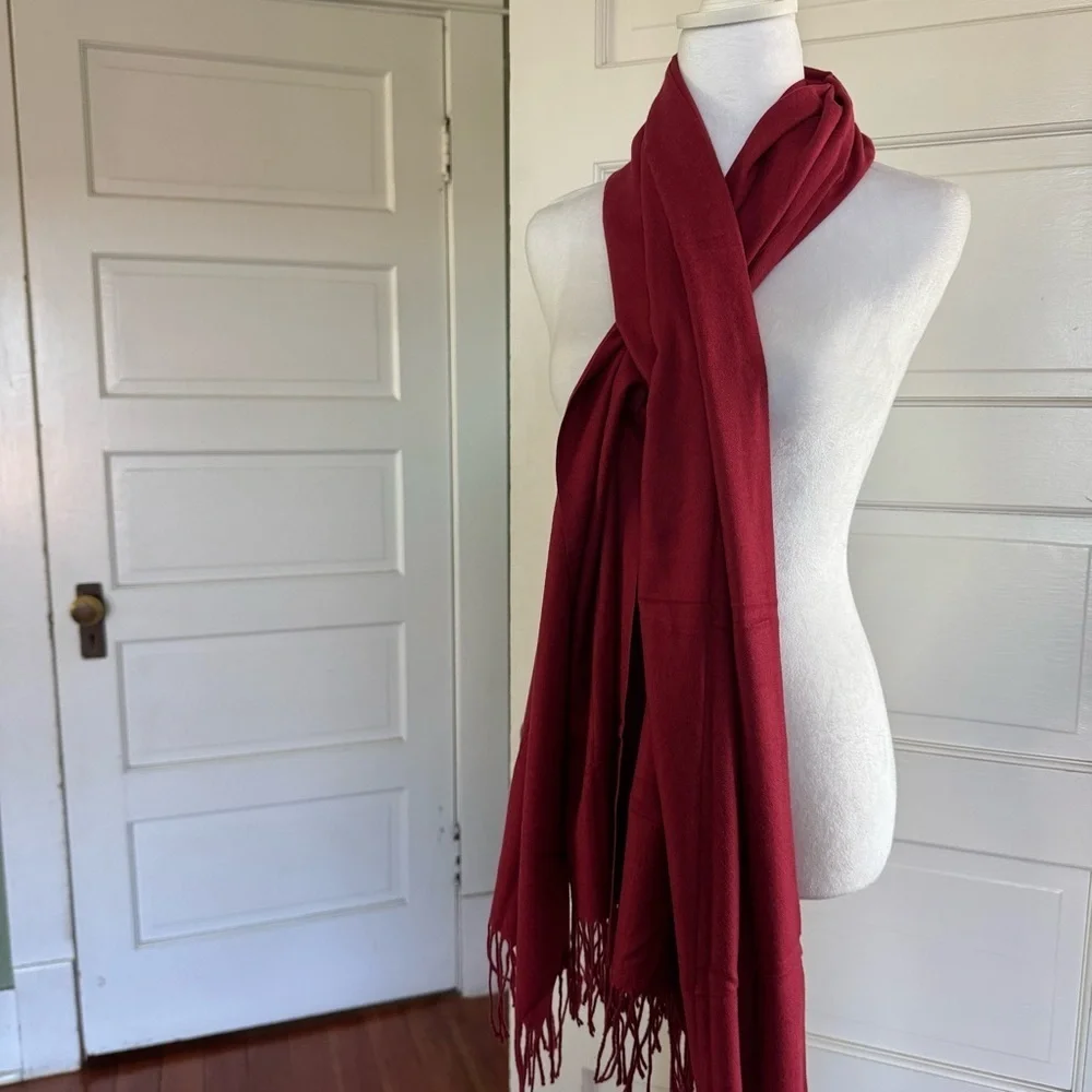 Luxurious Deep Red Fringe Wrap Scarf – 25” x 70”